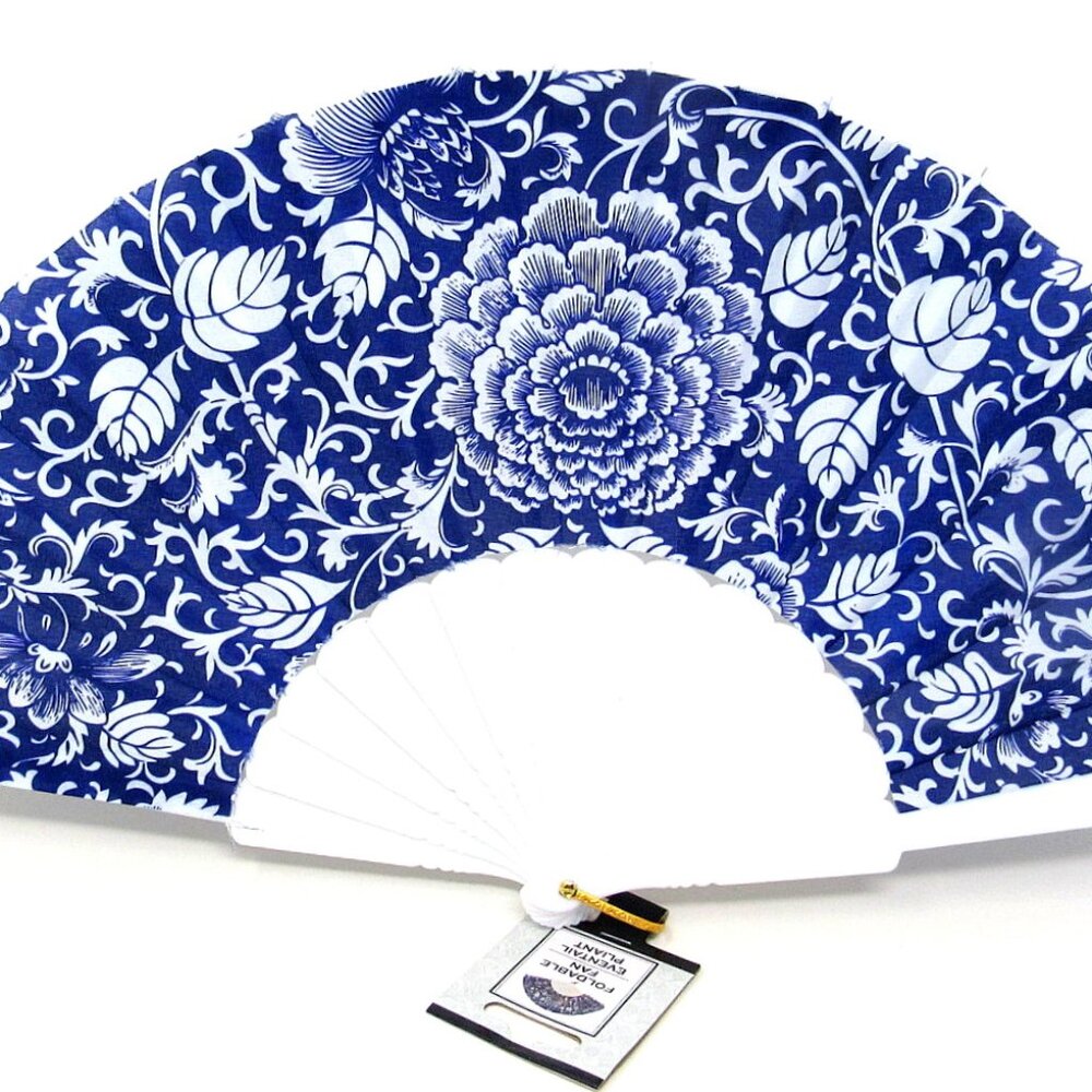 Purple Flowers White Frame Folding Hand Held Fan Summer Party Costume Mardi